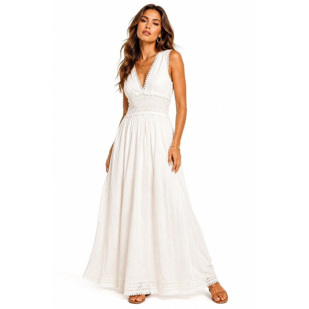 H&M White Eyelet Lace Maxi Dress Boho V-Neck Sleeveless Bridal Summer L NWT